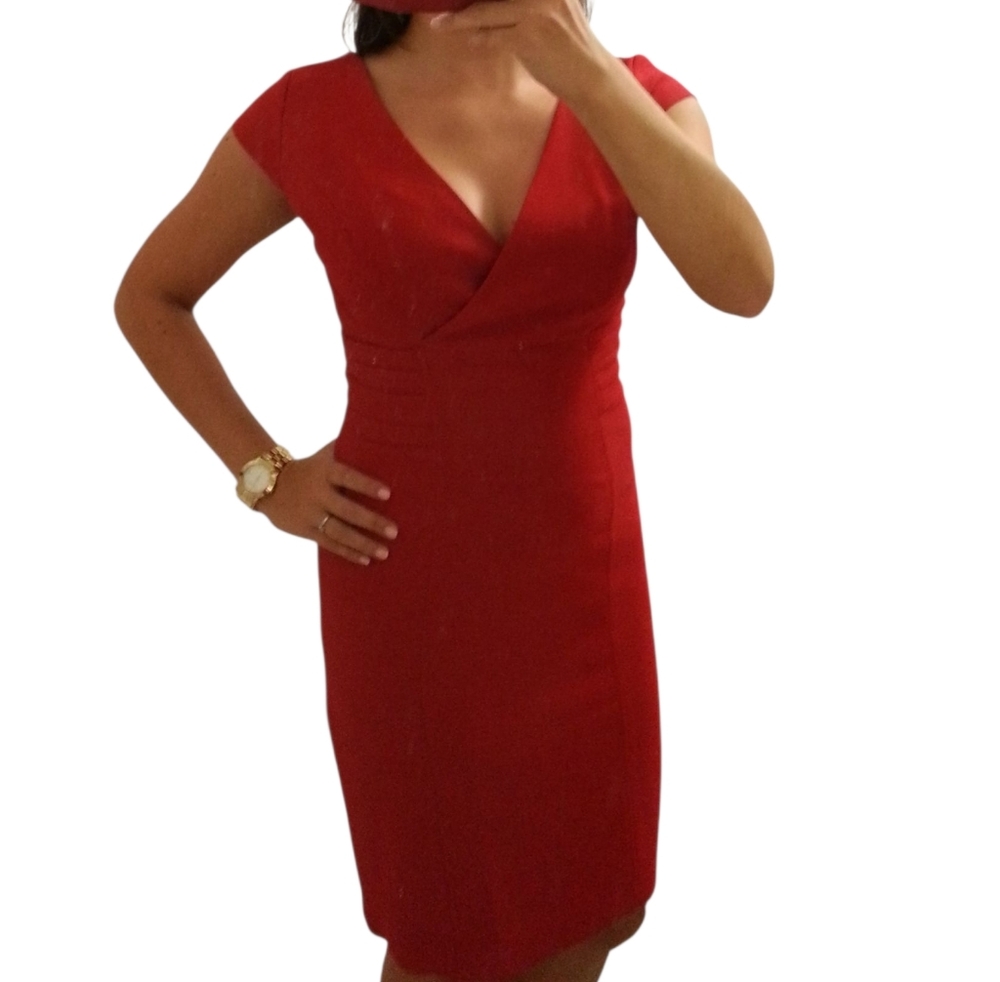 🎉 Red Sheath Dress Sz S 4 6 V Neck Cap Sleeve Elegant Le Chateau - Picture 11 of 11